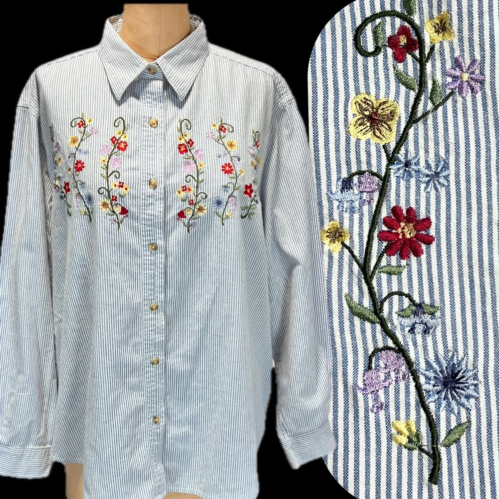 VINTAGE wildflower‎ woodland embroidered floral button down shirt ticking stripe